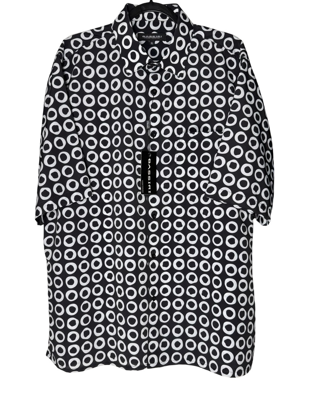 Bassiri Button Shirt Mens Sz XL Retro Disco Mod Geometric Circle Black White NWT
